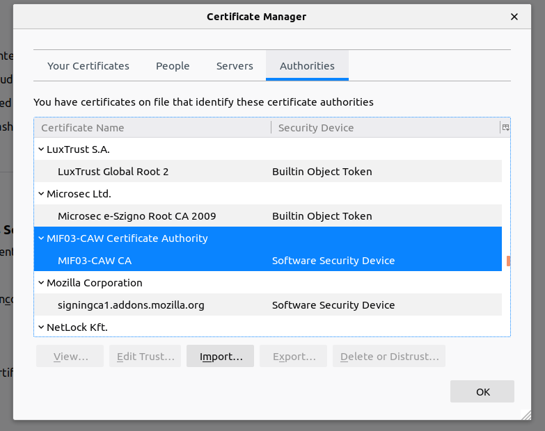 fenêtre d'ajout de certificat de Firefox